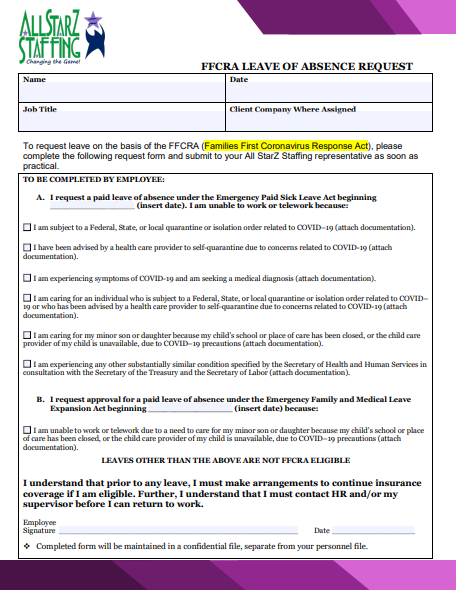 FFCRA Leave of Absence Request Form