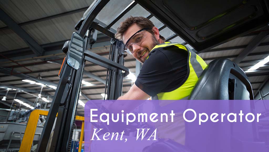 Image shows a man operating a Cherry Picker or Forklift in a warehouse. Now Hiring an Equipment Operator in Kent, WA!