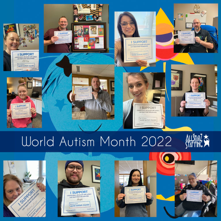 Staff members at All StarZ Staffing holding support signs for World Autism Month