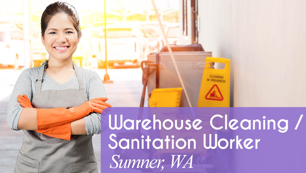 Image shows a smiling woman with a janitor cart in the background, in front of a sunny window. Now Hiring a Warehouse Cleaning / Sanitation Worker in Sumner, WA!