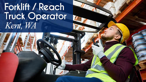 Image shows a man looking up and talking on a radio while operating a reach truck. Now Hiring a Forklift / Reach Truck Operator in Kent, WA
