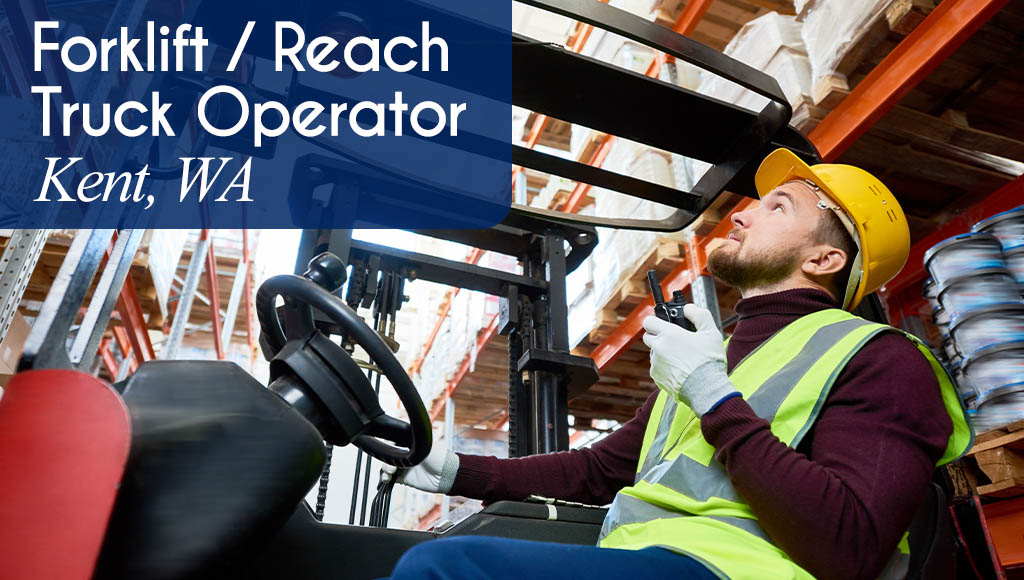 Image shows a man looking up and talking on a radio while operating a reach truck. Now Hiring a Forklift / Reach Truck Operator in Kent, WA