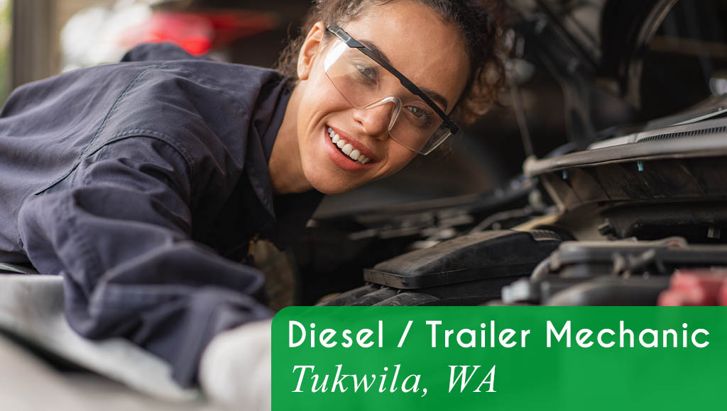 Image shows a female mechanic working on a vehicle. Now Hiring a Diesel / Trailer Mechanic in Tukwila, WA. All StarZ Staffing.