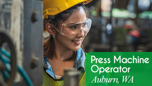 Image shows a woman wearing protective safety gear in a production environment. Now Hiring a Press Machine Operator in Auburn, WA. All StarZ Staffing.