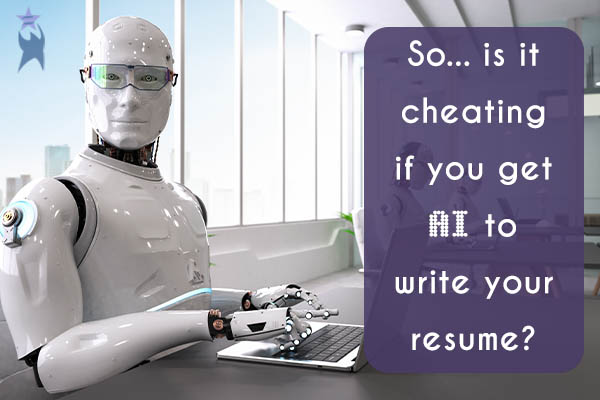 Image shows a white robot typing on a laptop. Text reads: So... is it cheating if you get AI to write your resume? All StarZ Staffing.