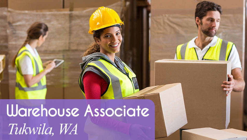 Image shows a man and two women wearing safety vests and moving boxes in a warehouse. Now Hiring a Warehouse Associate in Tukwila, WA. All StarZ Staffing.
