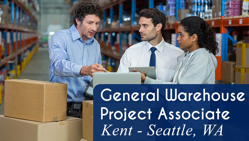 Image shows two men and a woman working together with boxes, an iPad and a laptop in a warehouse setting. Now hiring a General Warehouse Project Associate for multiple projects located throughout the Kent - Seattle, WA area.