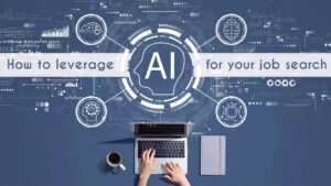 Image shows white digital icons and circuit symbols in the background over a blue-gray background with hands typing on a laptop at the bottom of the image. Text reads: "How to leverage AI for your job search" with "AI" inside an outline of a human head. All StarZ Staffing.