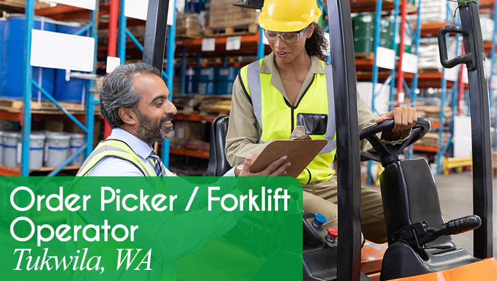 Image shows a woman driving a forklift talking with a man with a clipboard in a warehouse setting. Now Hiring an Order Picker / Forklift Operator in Tukwila, WA. All StarZ Staffing.