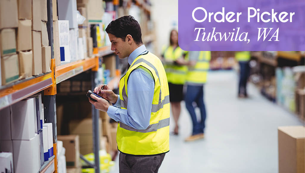 Image shows a man selecting items from a shelf in a warehouse with other warehouse workers in the background. Now Hiring an Order Picker in Tukwila, WA. All StarZ Staffing.