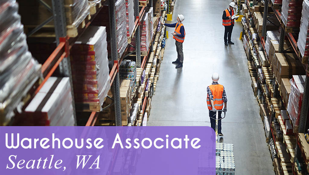 Image shows several workers moving freight in a warehouse setting. Now hiring a Warehouse Associate in Seattle, WA. All StarZ Staffing.