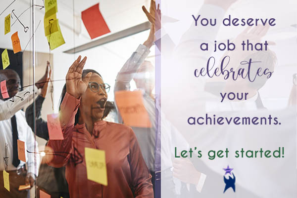 Image shows employees celebrating together. Text reads: You deserve a job that celebrates your achievements. Let's get started! All StarZ Staffing.