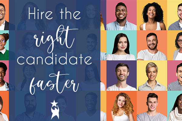 Image shows brightly colored squares in the background with headshots of diverse, smiling candidates. Text reads: Hire the right candidate faster. All StarZ Staffing.