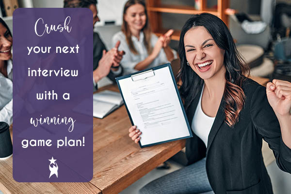 Image shows a smiling young woman celebrating and holding up a clipboard. Colleagues at a conference table in the background are clapping. Text reads: Crush your next interview with a winning game plan! All StarZ Staffing.