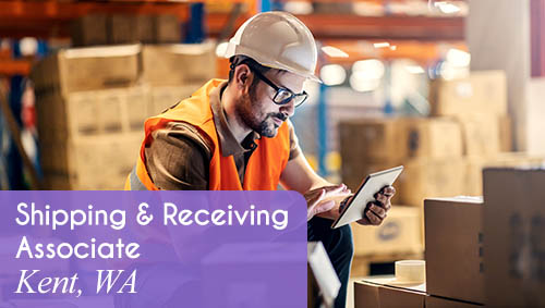 Image shows a man in a hard hat working on an iPad in a warehouse environment. Now hiring a Shipping & Receiving Associate in Kent, WA. All StarZ Staffing.