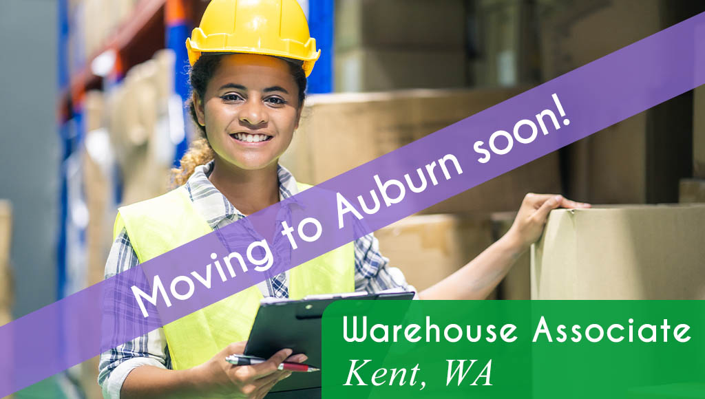 Image shows a woman working in a warehouse, holding a clipboard. Now Hiring a Warehouse Associate in Kent, WA. Moving to Auburn soon! All StarZ Staffing.