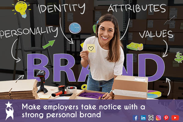 Image shows a woman working at a table, taping up a box. She is smiling and holding up a post-it note with a heart drawn on it. Behind her are words and symbols related to Branding. Text reads: Make employers take notice with a strong personal brand. All StarZ Staffing.