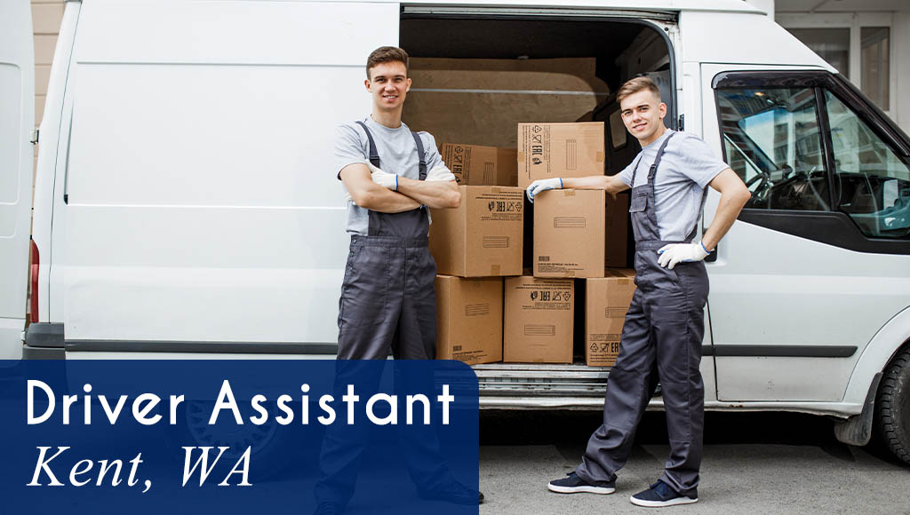 Image shows two workers unloading items from a van. Text reads: Now Hiring a Driver Assistant in Kent, WA. All StarZ Staffing.