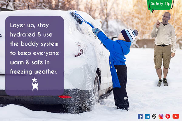 Image shows Safety George with a speech bubble reading "Safety Tip". He is in front of a winter scene with a kid brushing snow off of a car. Safety tip reads: Layer up, stay hydrated & use the buddy system to keep everyone warm & safe in freezing weather. All StarZ Staffing.