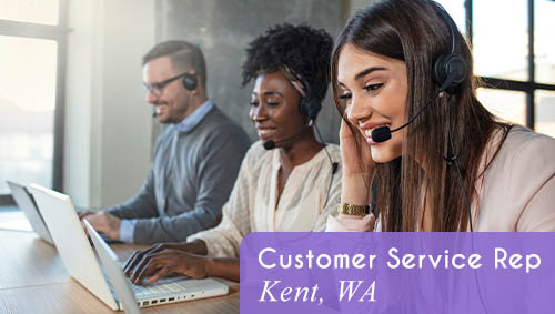 Image shows two female and one male customer service professionals smiling and working at computers and using a headset to talk on the phone. Text reads: Now Hiring a Customer Service Rep in Kent, WA. All StarZ Staffing.