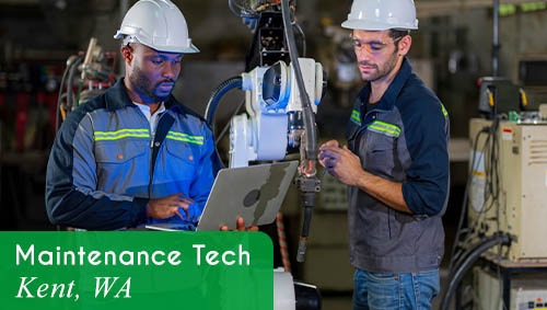 Image shows two men wearing protective gear and working with a laptop to troubleshoot a piece of equipment in a manufacturing environment. Text reads: Now Hiring a Maintenance Tech in Kent, WA. All StarZ Staffing.