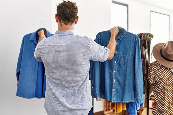 A man is shown from behind holding up two shirts in a clothing store, selecting an outfit for an interview.