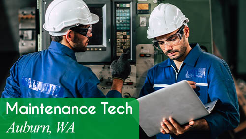 Image shows two men working on a machine in a production environment. One is reviewing instructions on a laptop. Text reads: Now hiring a Maintenance Tech in Auburn, WA. All StarZ Staffing.