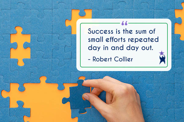 Image shows a hand placing a piece in a blue jigsaw puzzle over an orange background. Text is a quote reading: "Success is the sum of small efforts repeated day in and day out." - Robert Collier