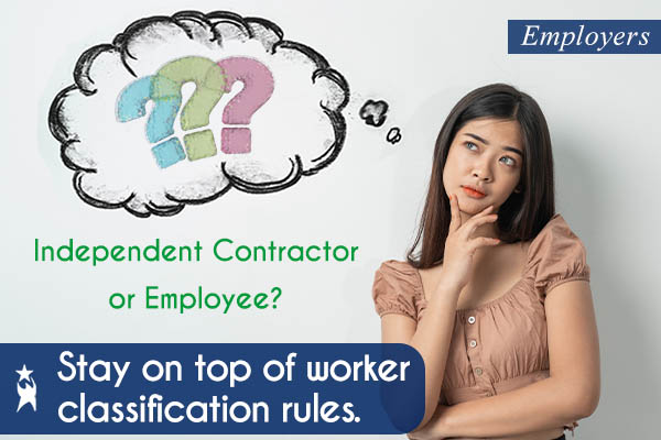 Image shows a woman with a thoughtful expression on her face looking up toward a chalkboard style speech bubble with 3 question marks. Text reads: Employers. Independent Contractor or Employee? Stay on top of worker classification rules. All StarZ Staffing.